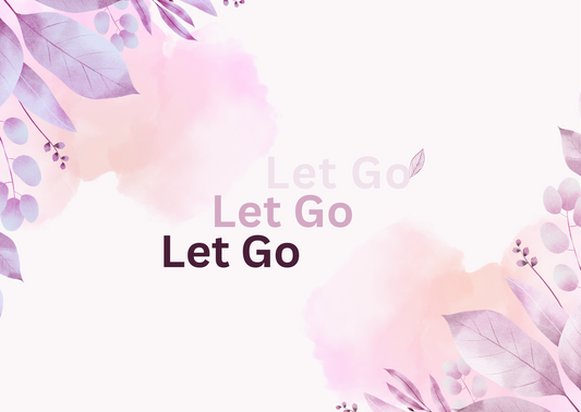 Decorative design with 'Let Go' text surrounded by floral elements on a light pink background.