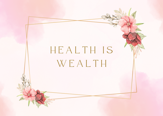 Floral frame with 'Health is Wealth' text on a pink gradient background