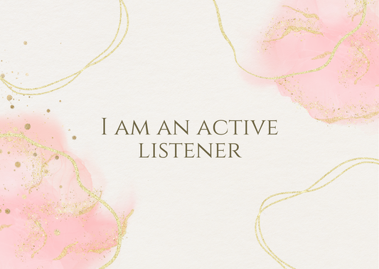 Text 'I am an active listener' on a pink and gold abstract background